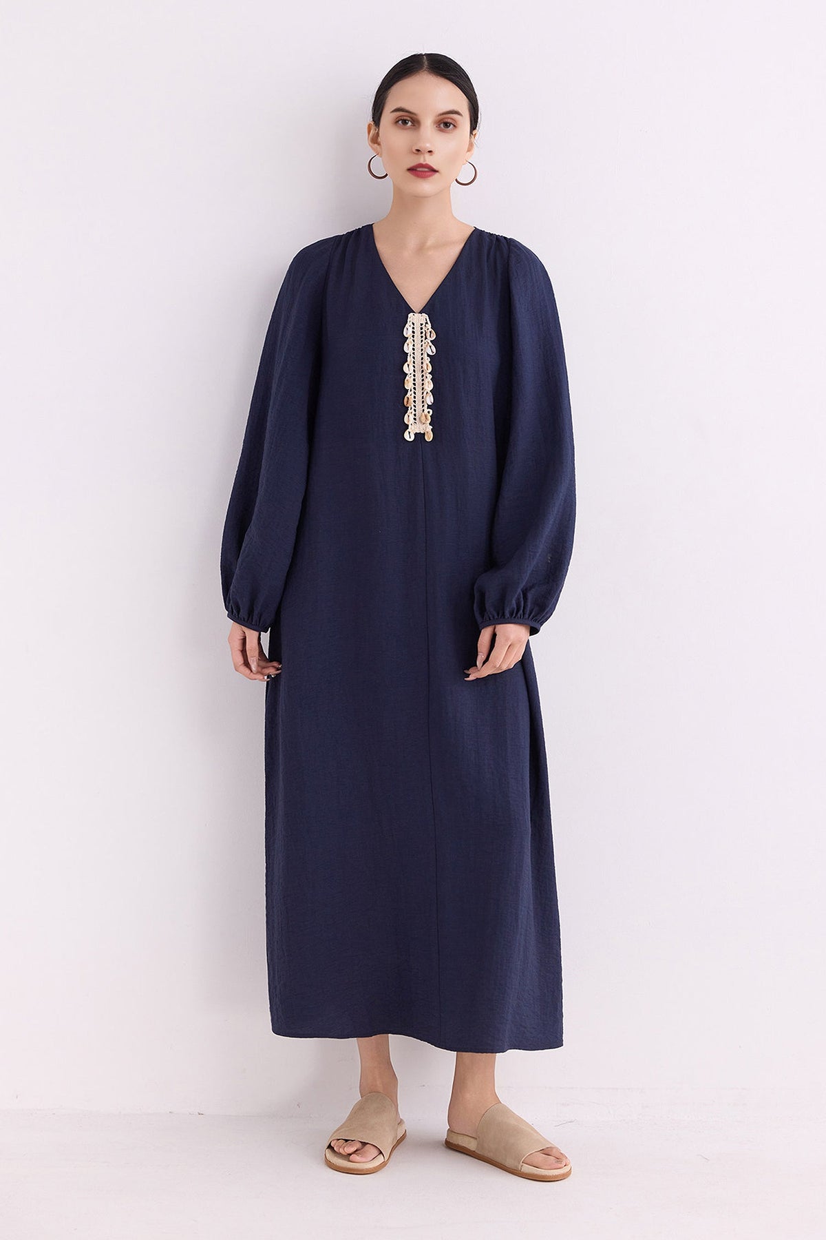 Minimalist Linen-Blend Long Sleeve Maxi Boho Dress