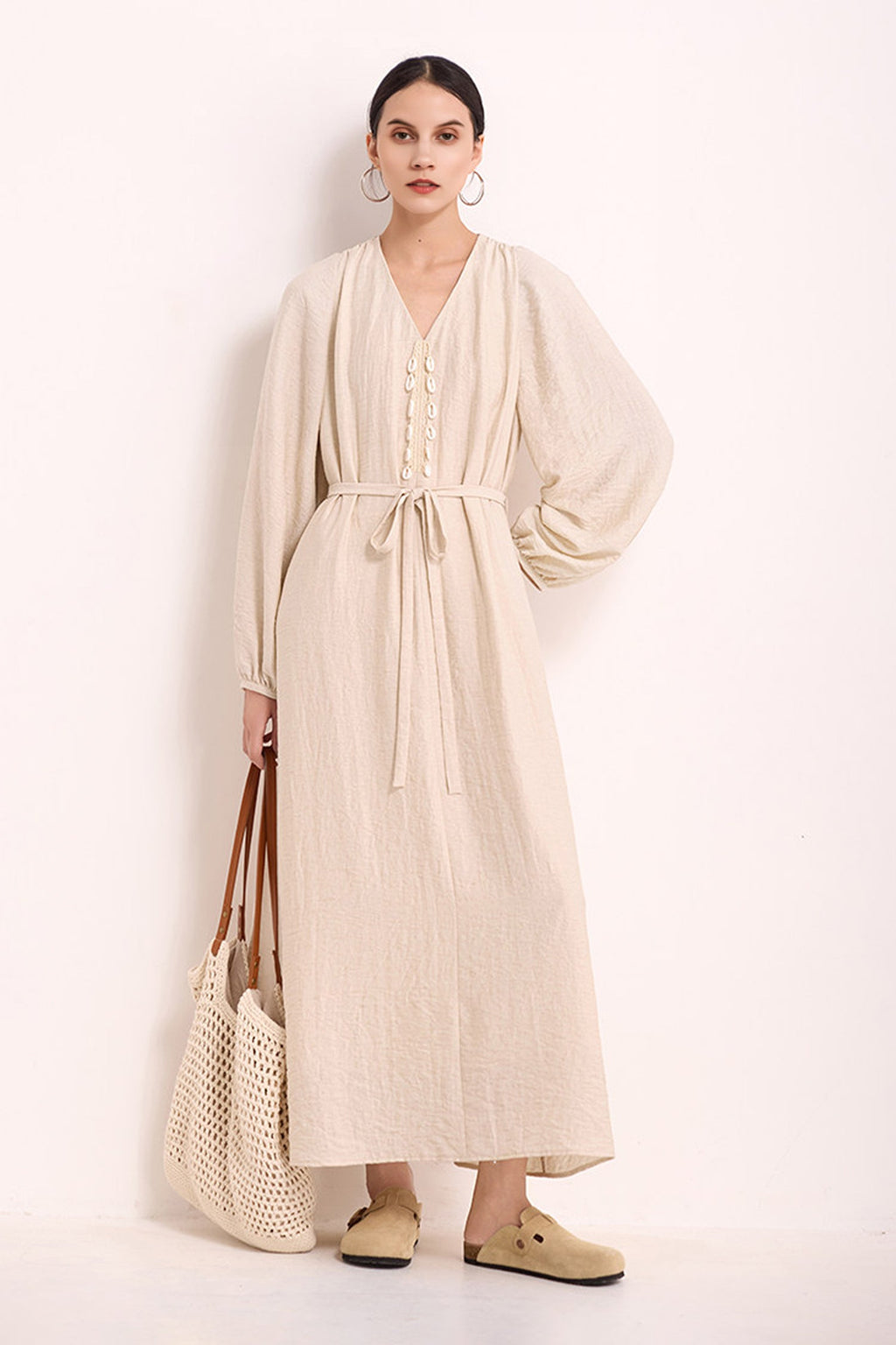 Minimalist Linen-Blend Long Sleeve Maxi Boho Dress