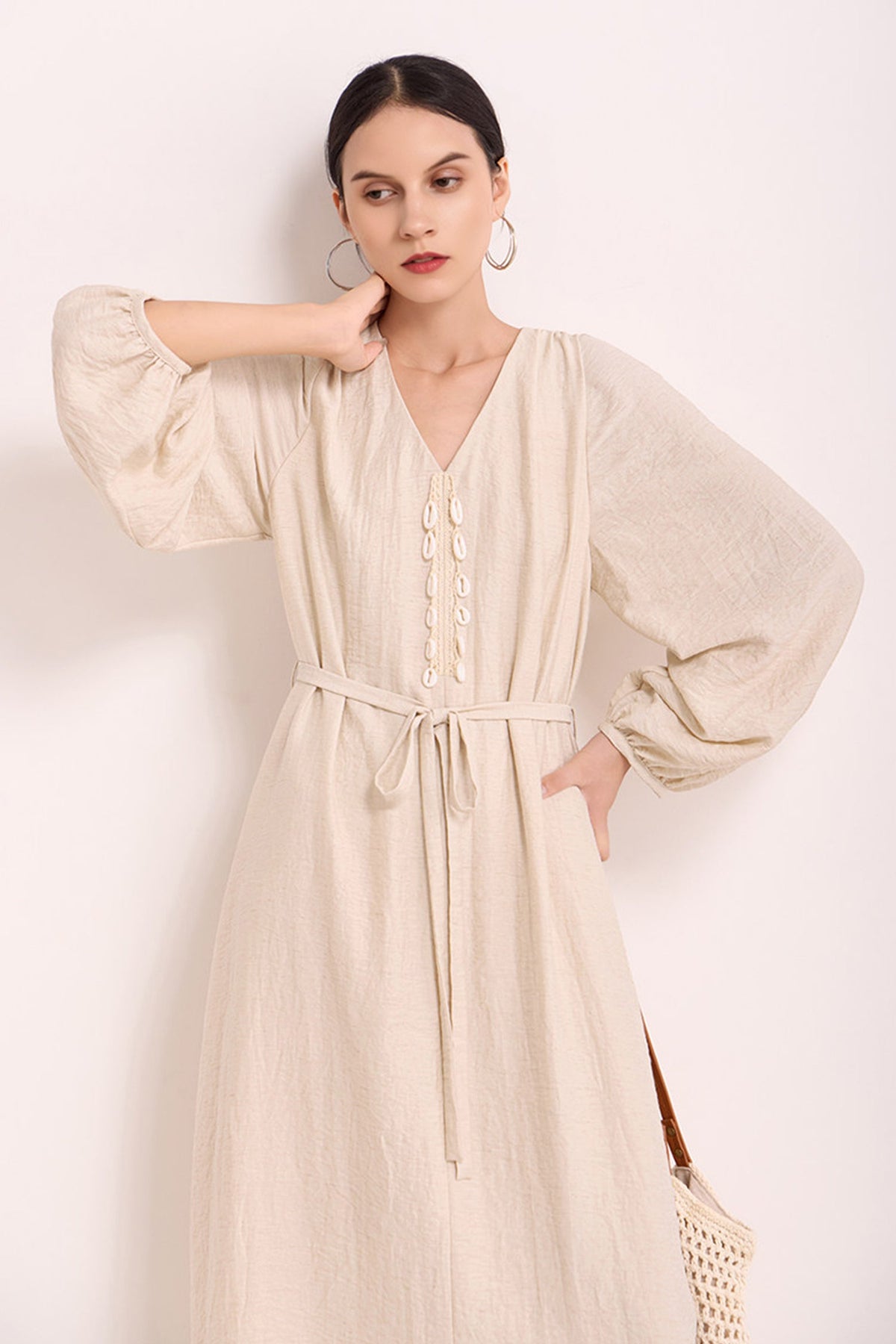 Minimalist Linen-Blend Long Sleeve Maxi Boho Dress