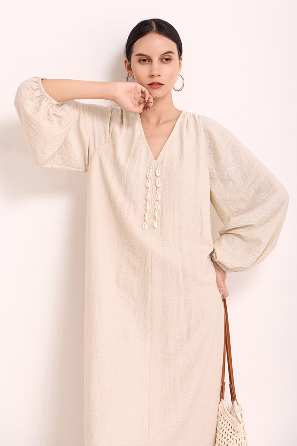 Minimalist Linen-Blend Long Sleeve Maxi Boho Dress