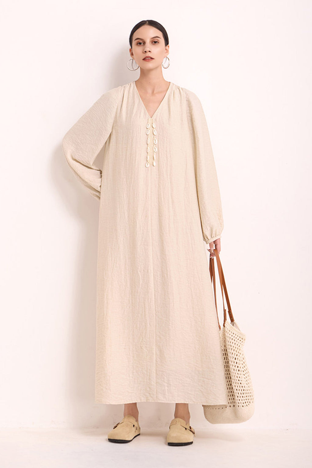 Minimalist Linen-Blend Long Sleeve Maxi Boho Dress