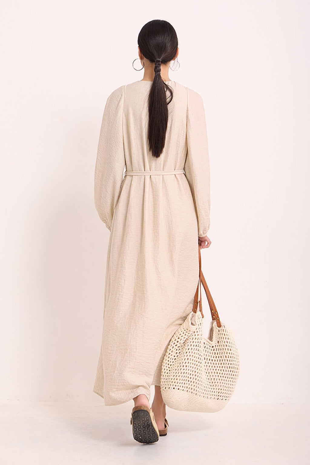 Minimalist Linen-Blend Long Sleeve Maxi Boho Dress