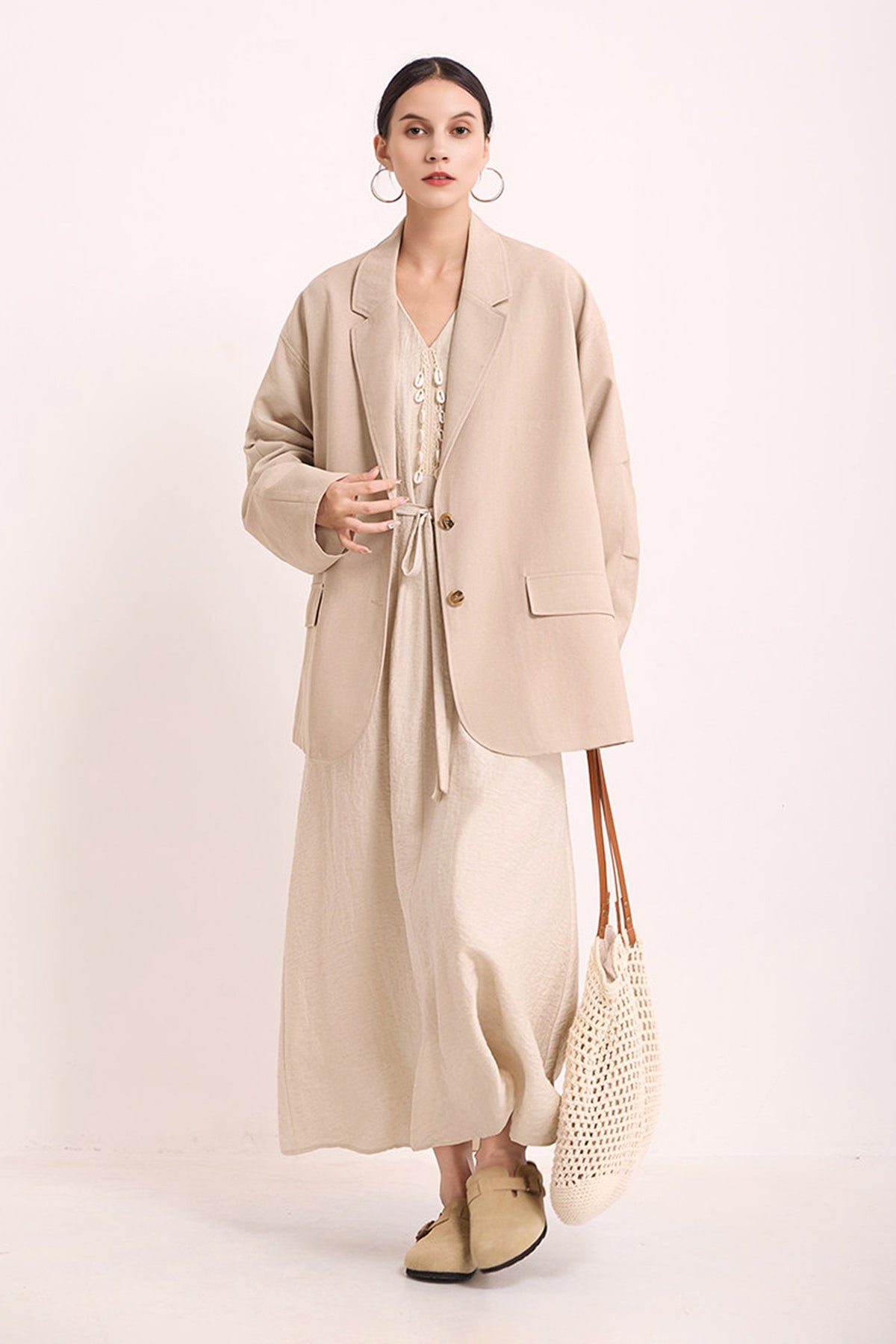 Minimalist Linen-Blend Long Sleeve Maxi Boho Dress