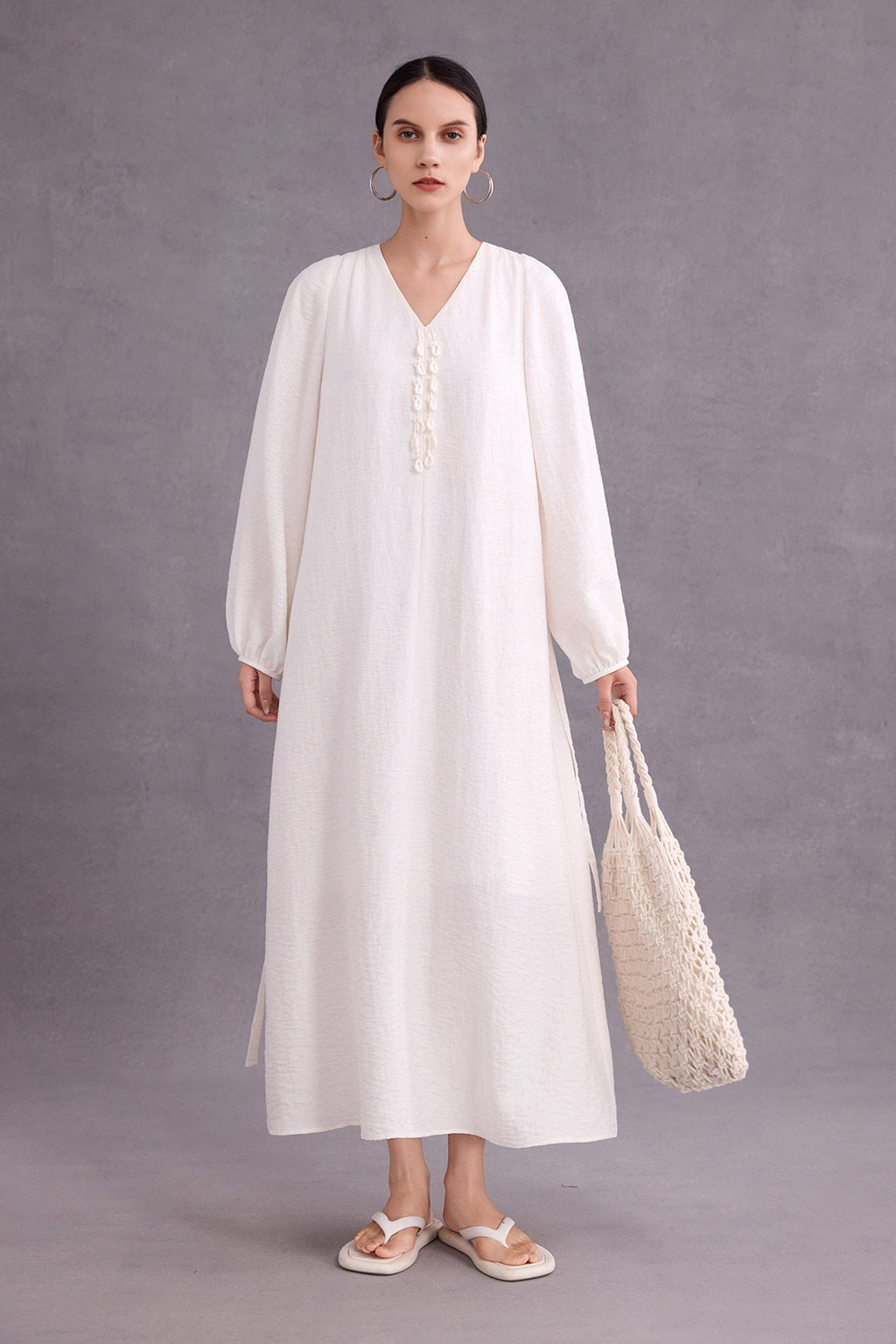 Minimalist Linen-Blend Long Sleeve Maxi Boho Dress