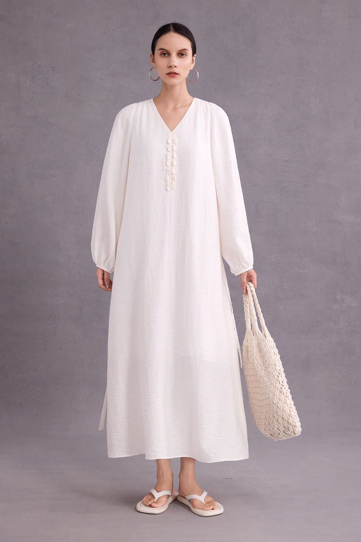 Minimalist Linen-Blend Long Sleeve Maxi Boho Dress