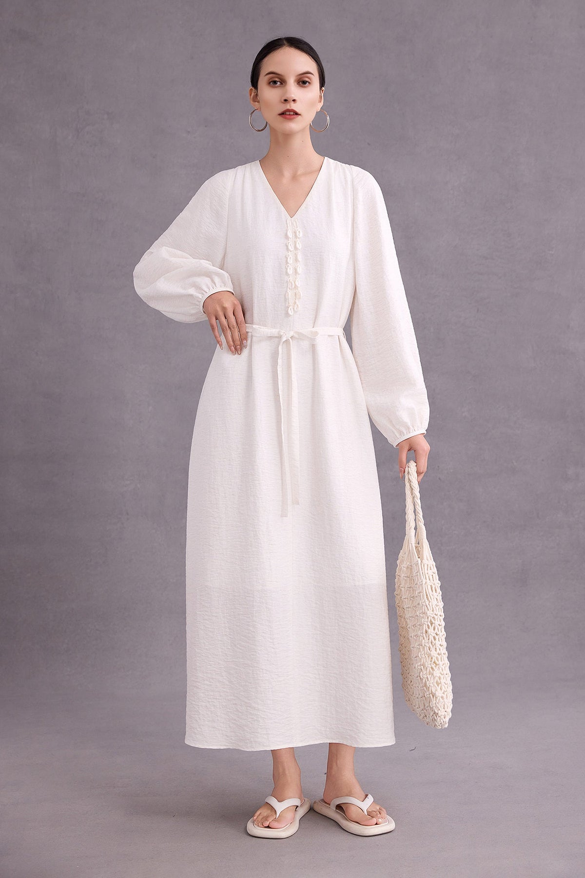 Minimalist Linen-Blend Long Sleeve Maxi Boho Dress