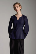 Navy Blue Balloon-Sleeve V-Neck Blouse