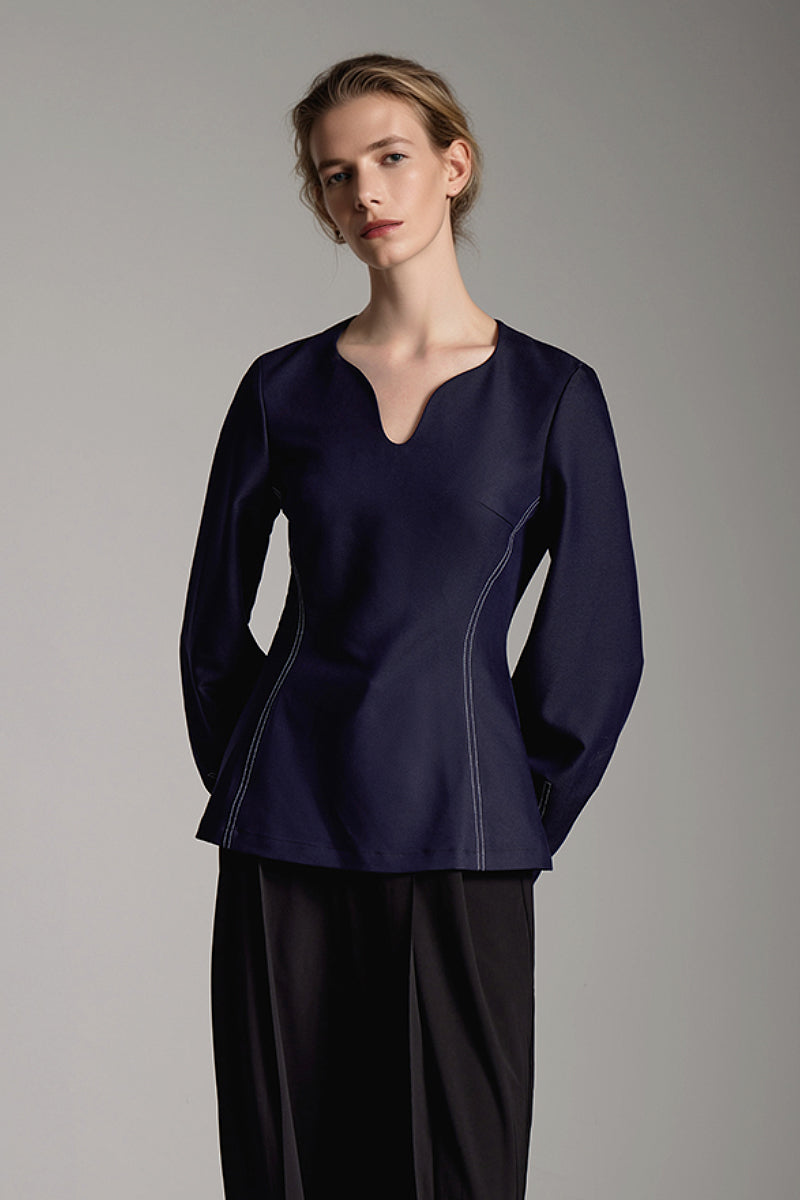 Navy Blue Balloon-Sleeve V-Neck Blouse