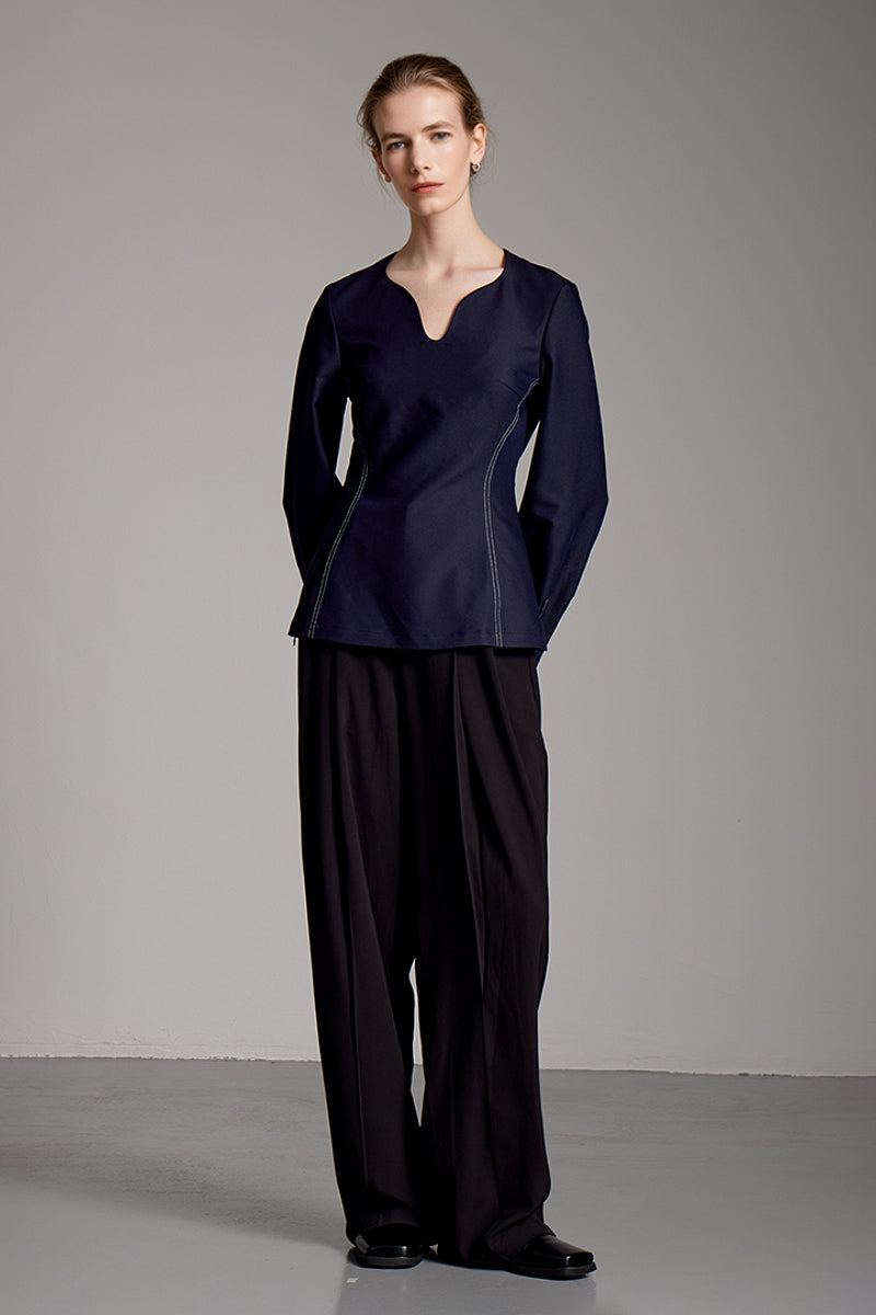 Navy Blue Balloon-Sleeve V-Neck Blouse