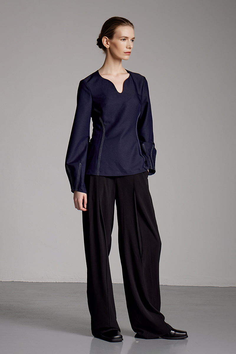 Navy Blue Balloon-Sleeve V-Neck Blouse