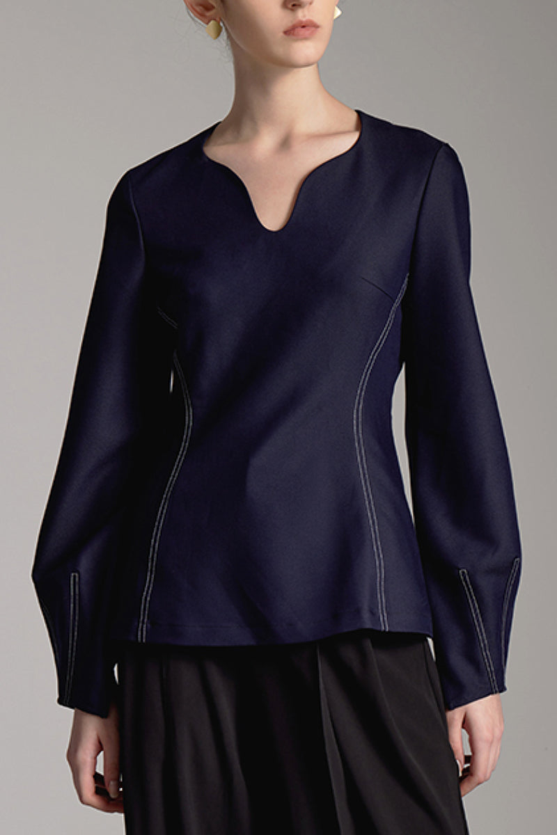 Navy Blue Balloon-Sleeve V-Neck Blouse