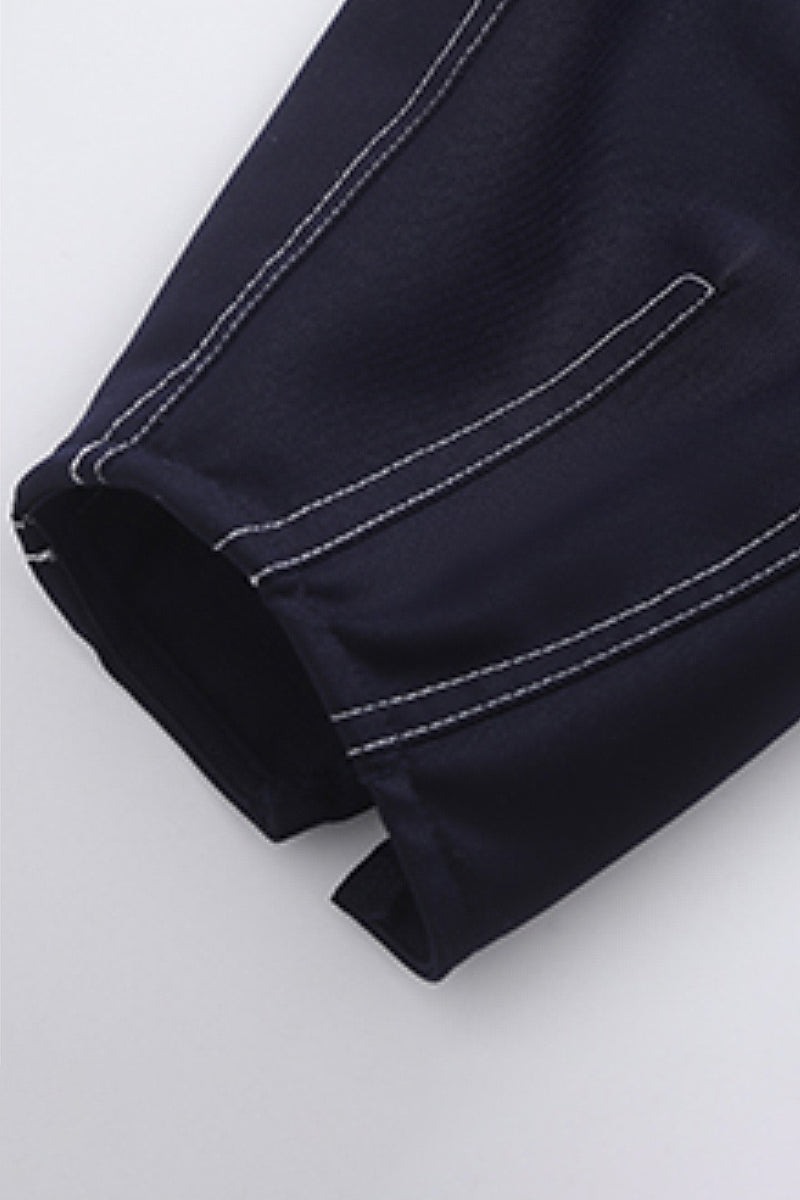 Navy Blue Balloon-Sleeve V-Neck Blouse