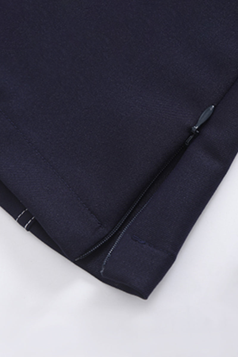 Navy Blue Balloon-Sleeve V-Neck Blouse