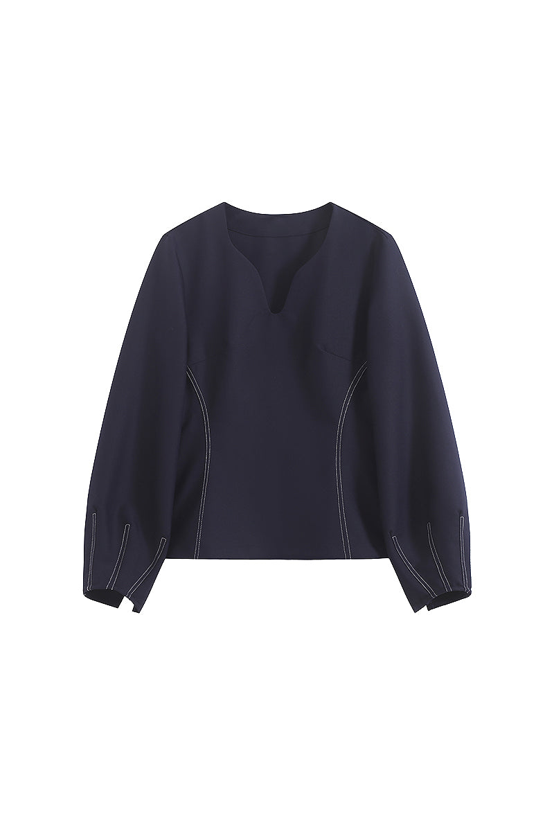 Navy Blue Balloon-Sleeve V-Neck Blouse