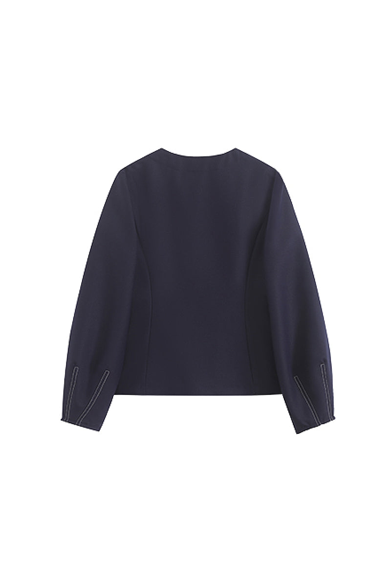 Navy Blue Balloon-Sleeve V-Neck Blouse