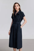 Navy Blue Belted Shirt Dress in Cotton-Lyocell Blend