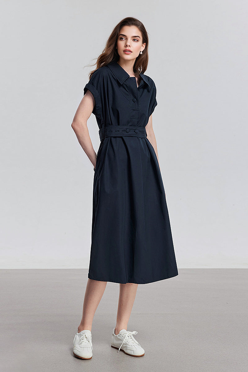 Navy Blue Belted Shirt Dress in Cotton-Lyocell Blend
