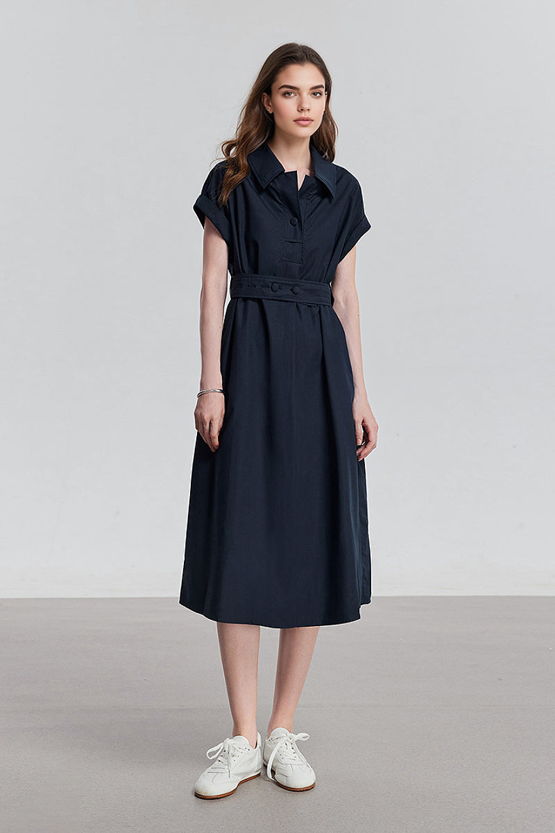 Navy Blue Belted Shirt Dress in Cotton-Lyocell Blend