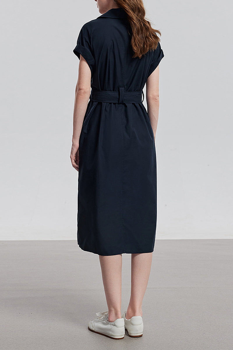 Navy Blue Belted Shirt Dress in Cotton-Lyocell Blend