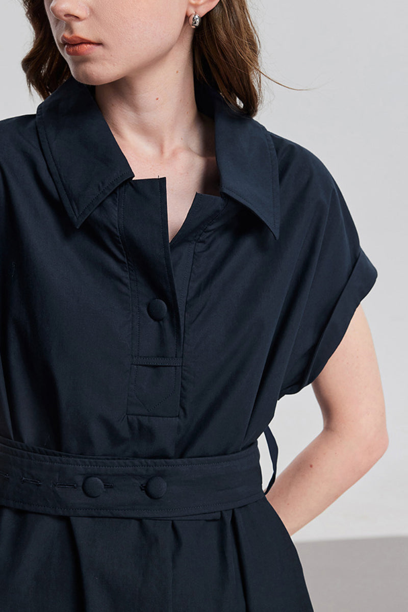 Navy Blue Belted Shirt Dress in Cotton-Lyocell Blend