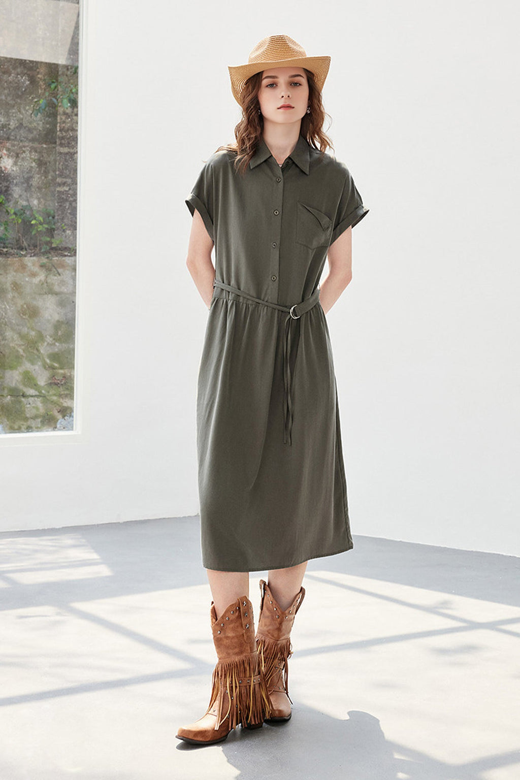 Olive Green Belted Shirt Dress in Cotton-Lyocell Blend