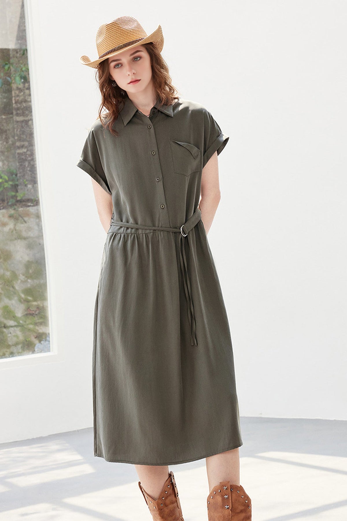 Olive Green Belted Shirt Dress in Cotton-Lyocell Blend