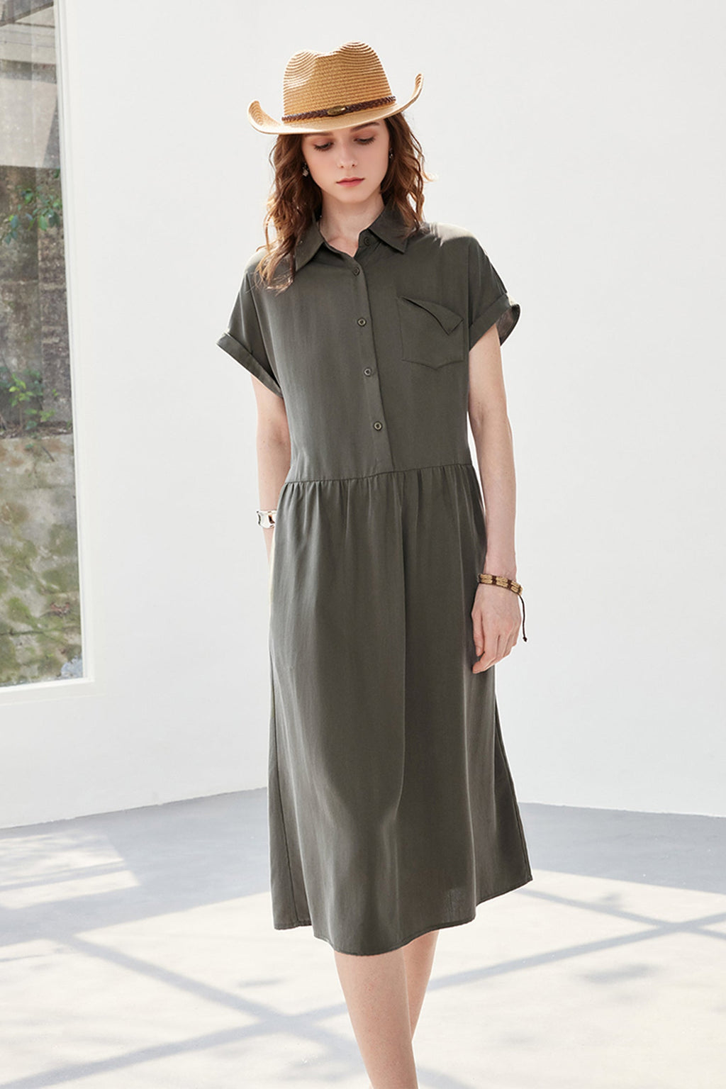 Olive Green Belted Shirt Dress in Cotton-Lyocell Blend