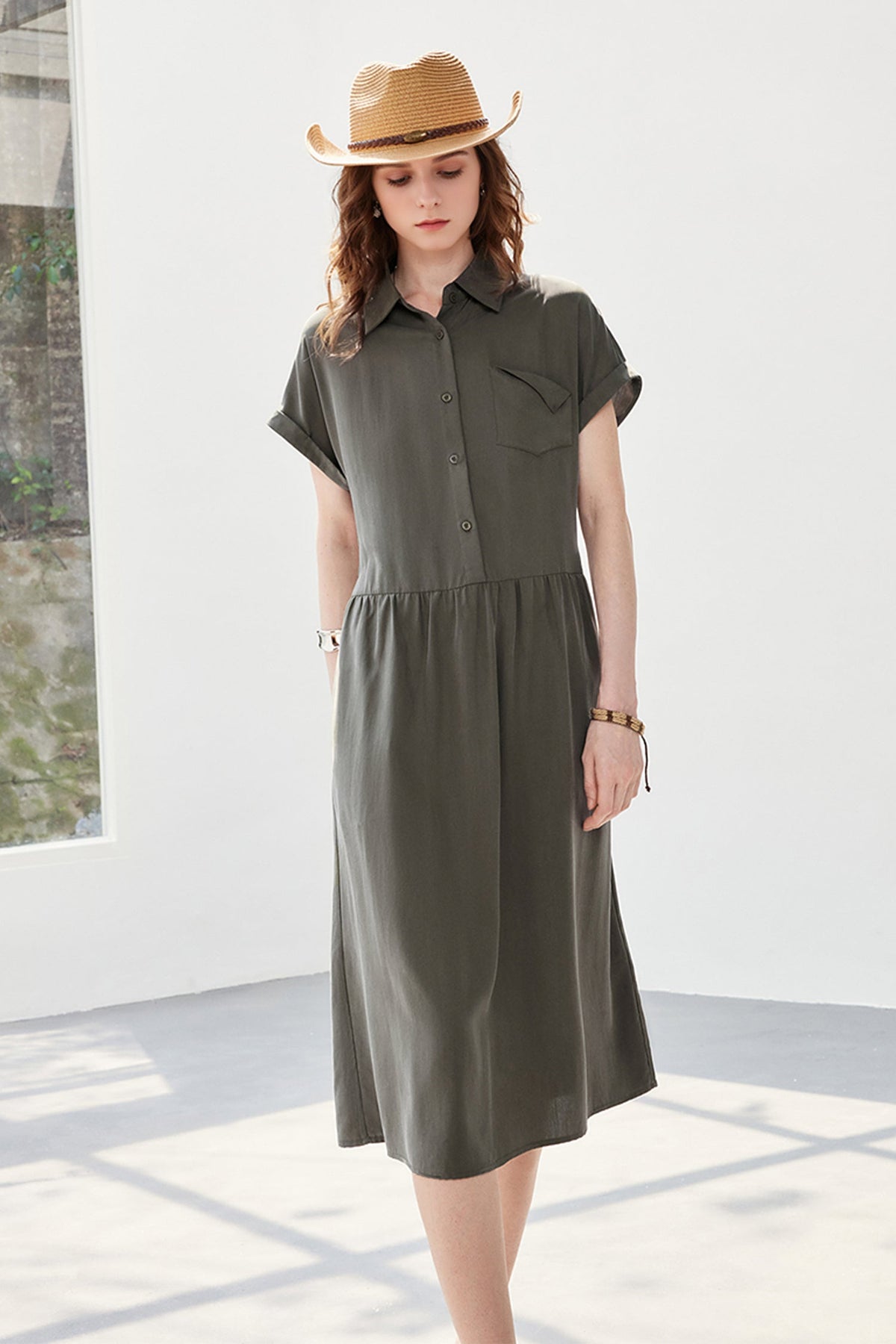 Olive Green Belted Shirt Dress in Cotton-Lyocell Blend