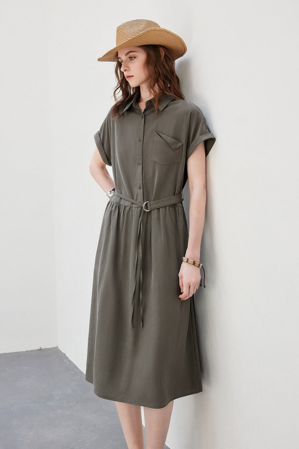 Olive Green Belted Shirt Dress in Cotton-Lyocell Blend