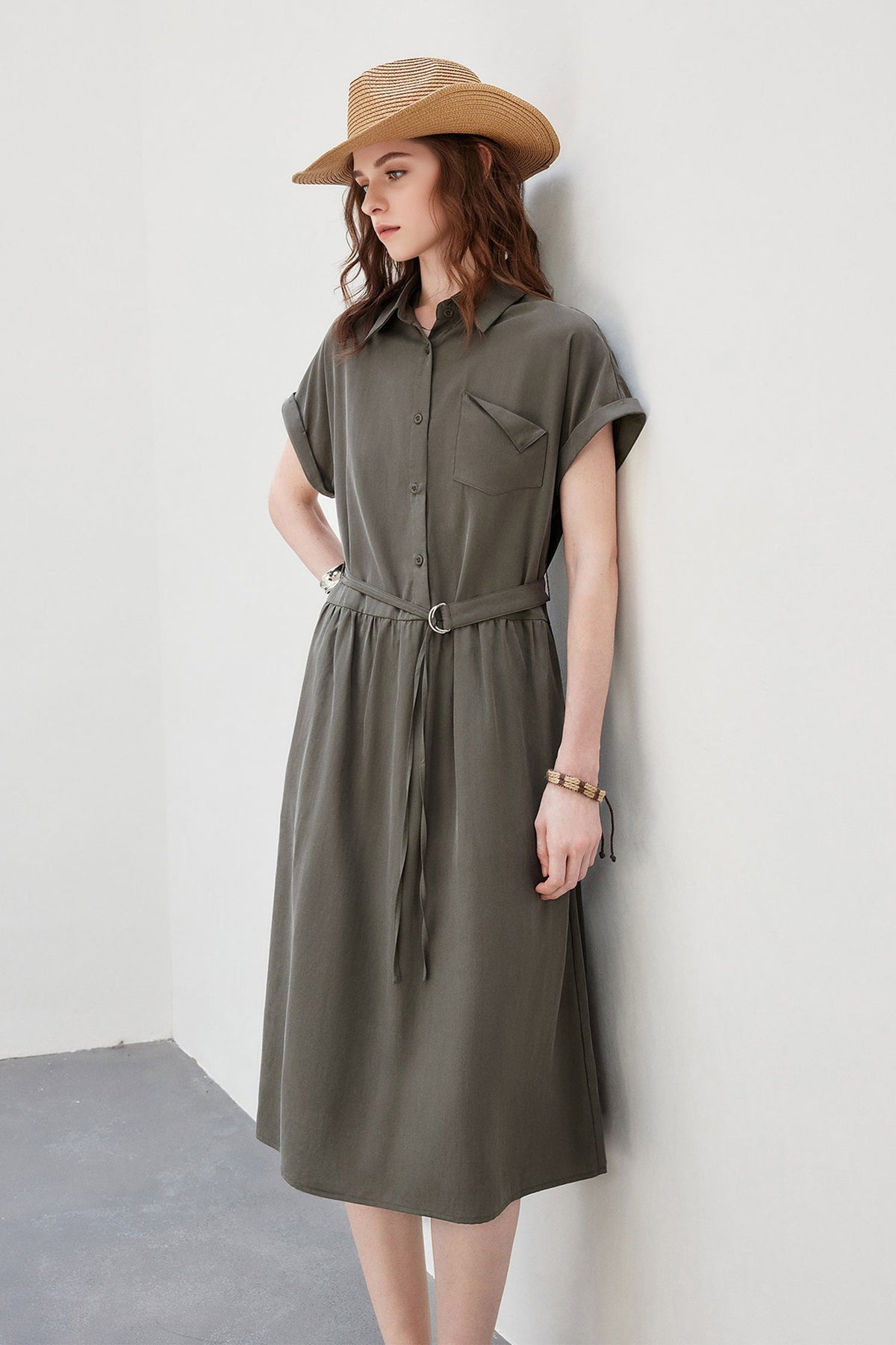 Olive Green Belted Shirt Dress in Cotton-Lyocell Blend