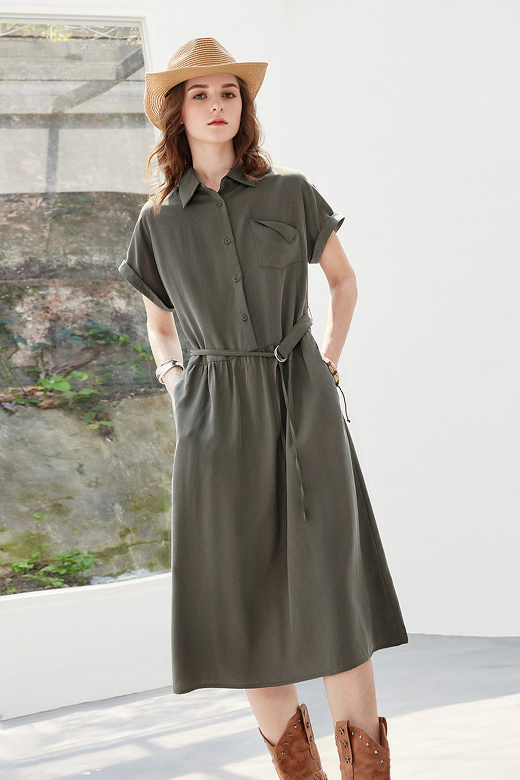 Olive Green Belted Shirt Dress in Cotton-Lyocell Blend