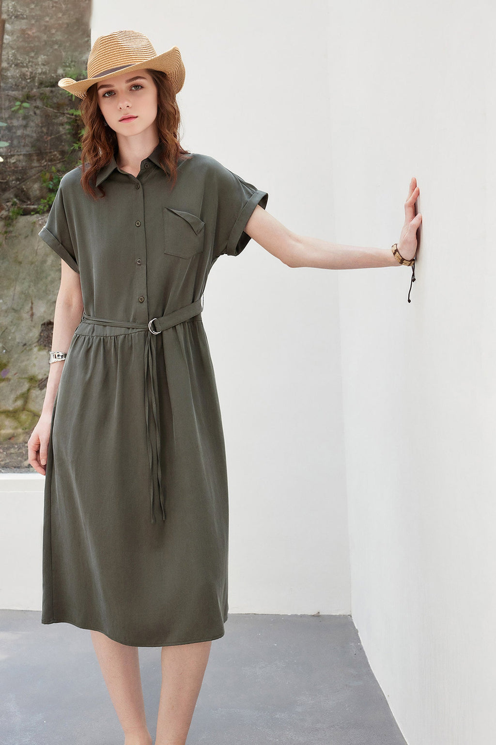 Olive Green Belted Shirt Dress in Cotton-Lyocell Blend