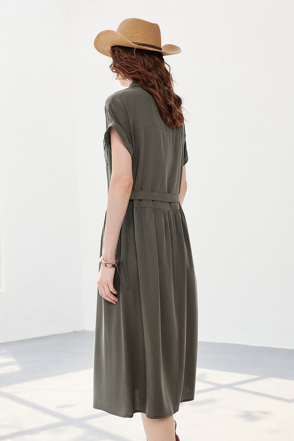 Olive Green Belted Shirt Dress in Cotton-Lyocell Blend