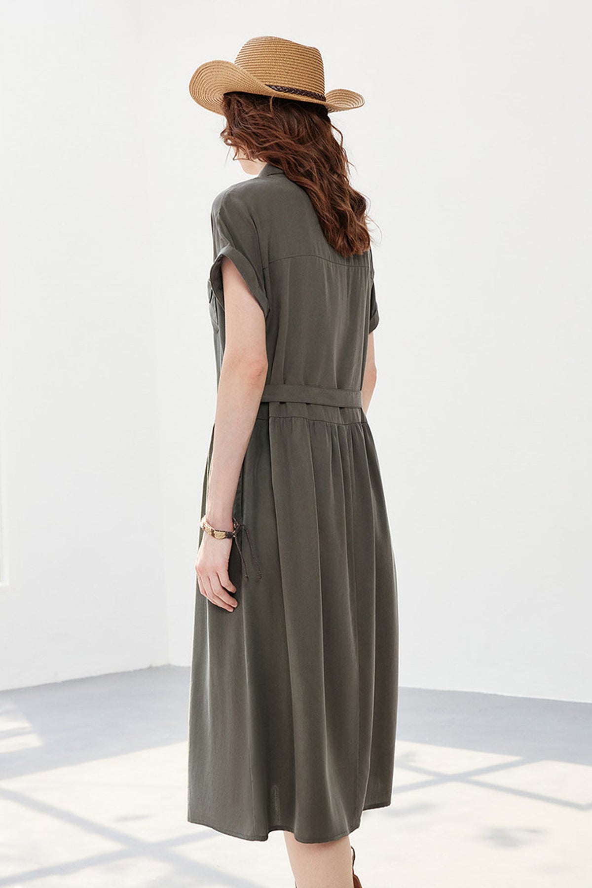 Olive Green Belted Shirt Dress in Cotton-Lyocell Blend