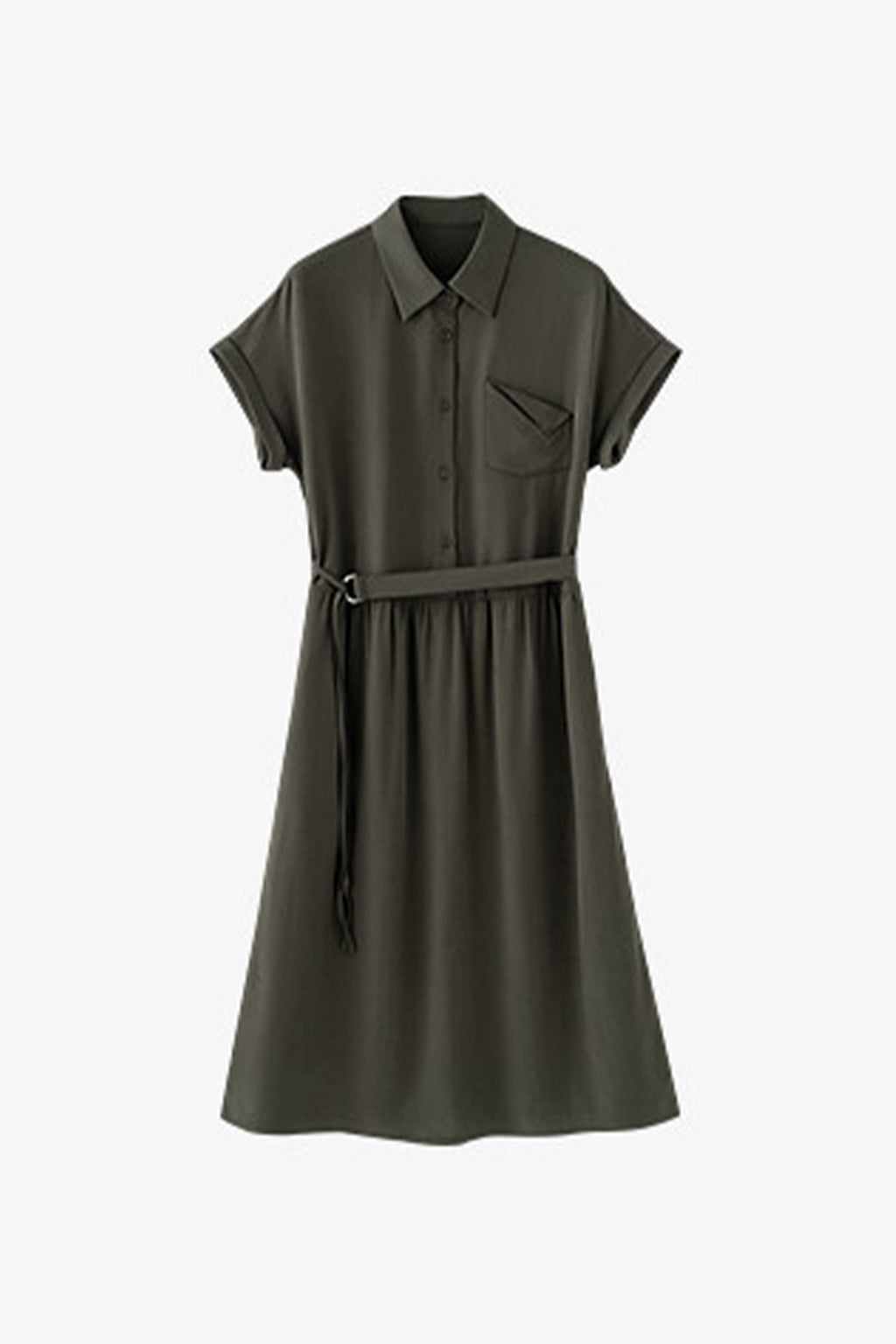 Olive Green Belted Shirt Dress in Cotton-Lyocell Blend