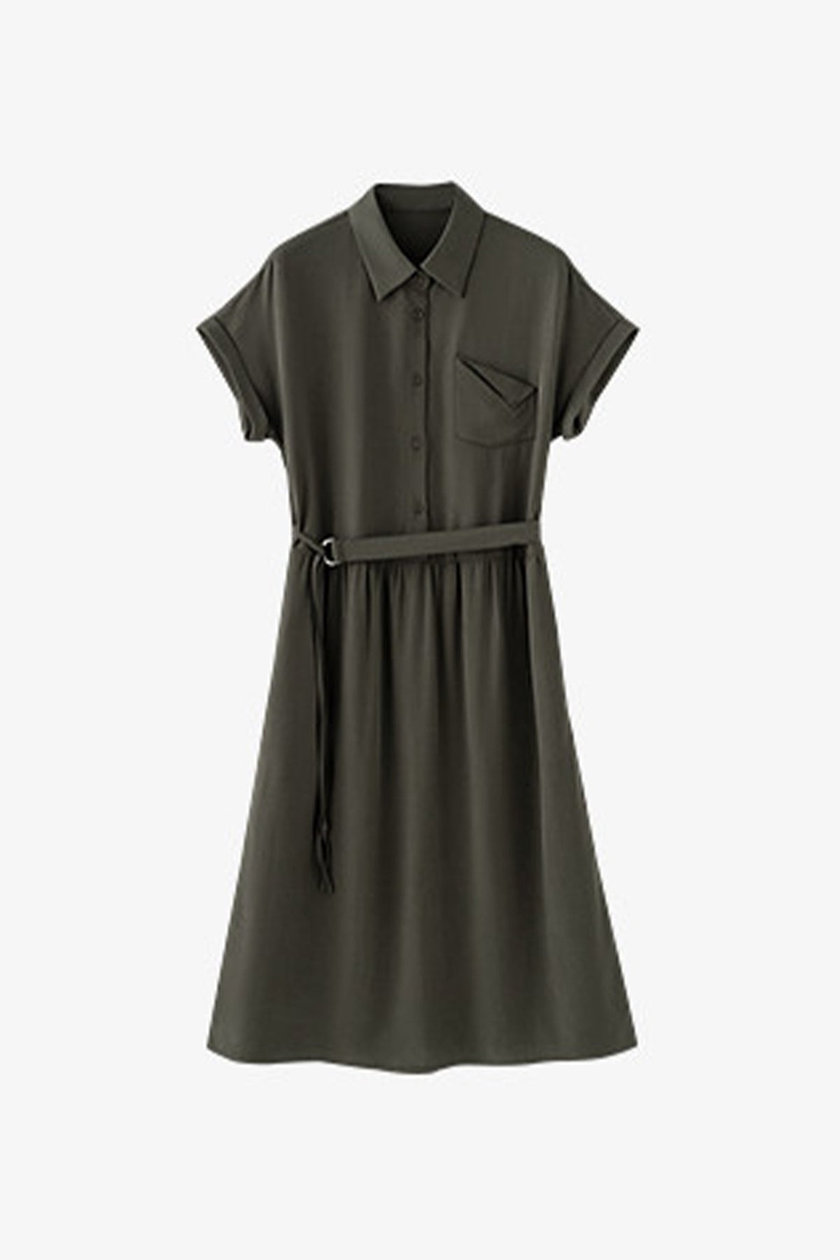 Olive Green Belted Shirt Dress in Cotton-Lyocell Blend
