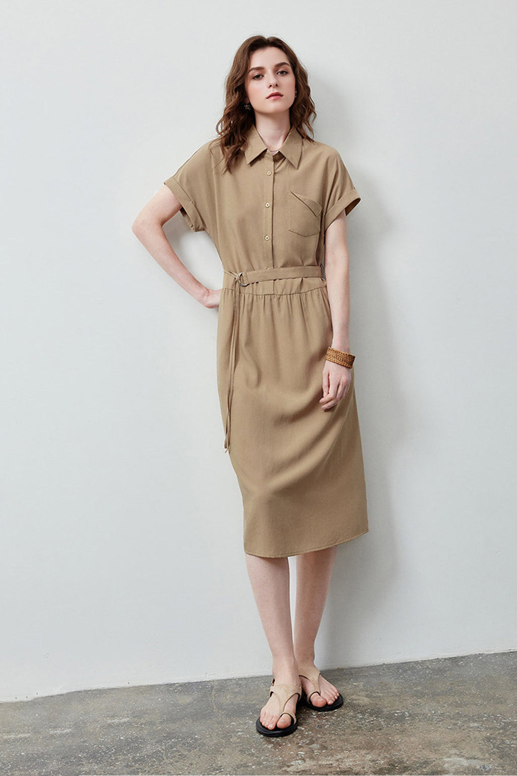 Olive Green Belted Shirt Dress in Cotton-Lyocell Blend