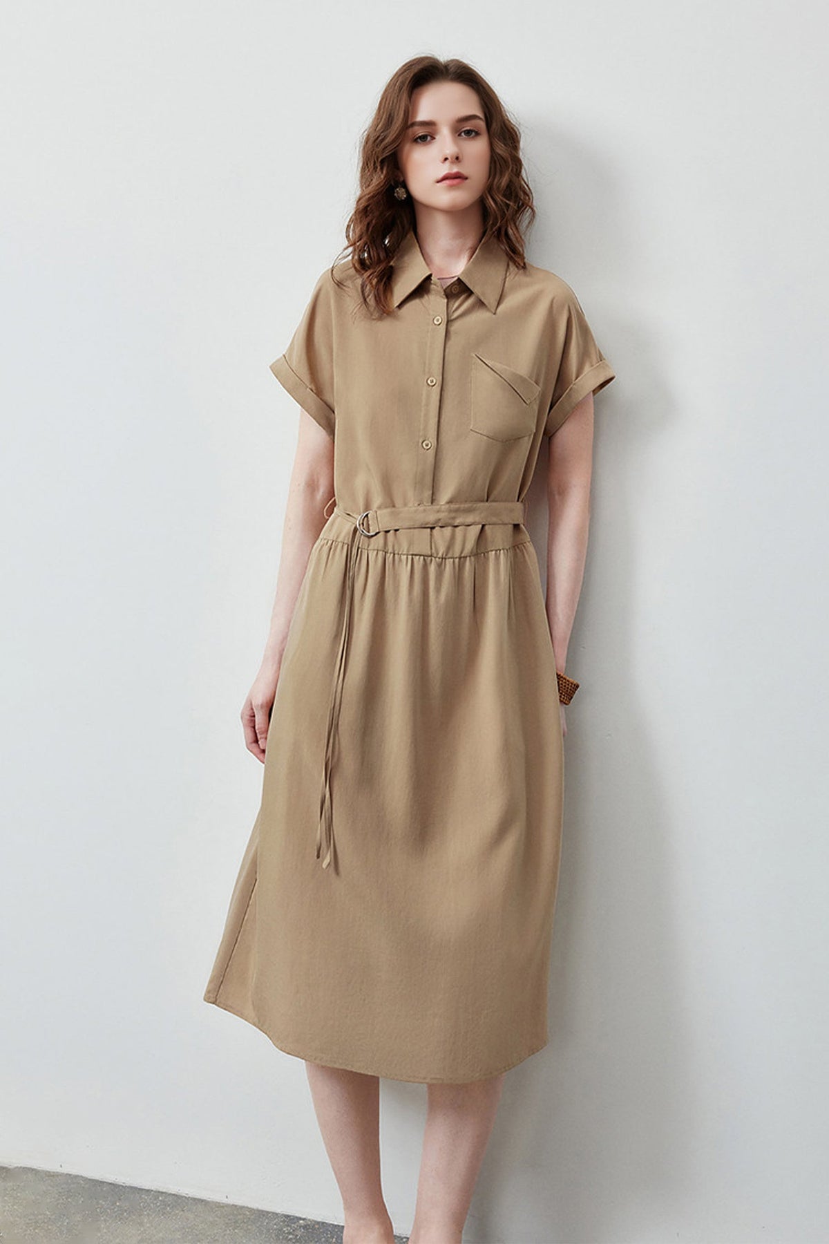 Olive Green Belted Shirt Dress in Cotton-Lyocell Blend