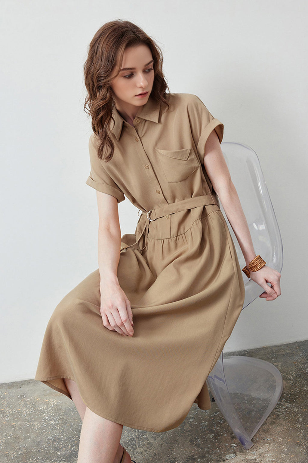 Olive Green Belted Shirt Dress in Cotton-Lyocell Blend