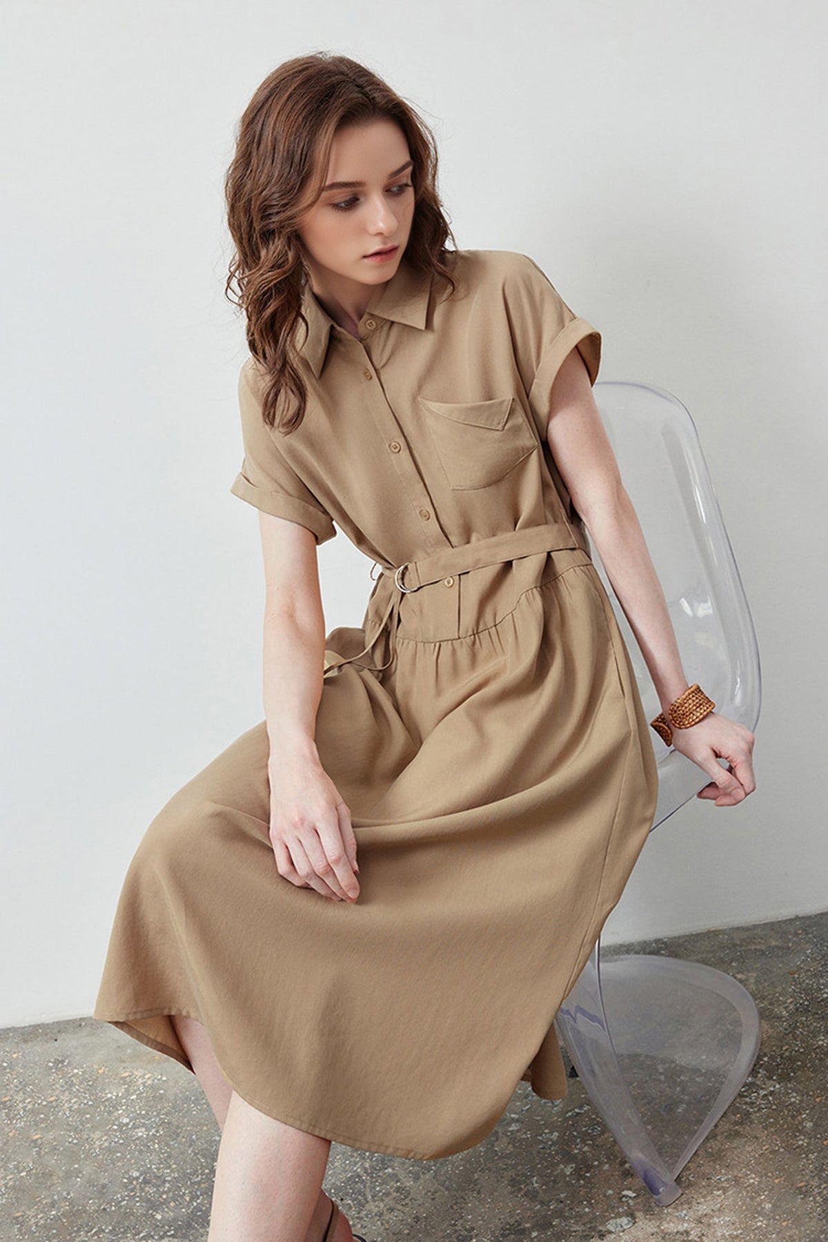 Olive Green Belted Shirt Dress in Cotton-Lyocell Blend
