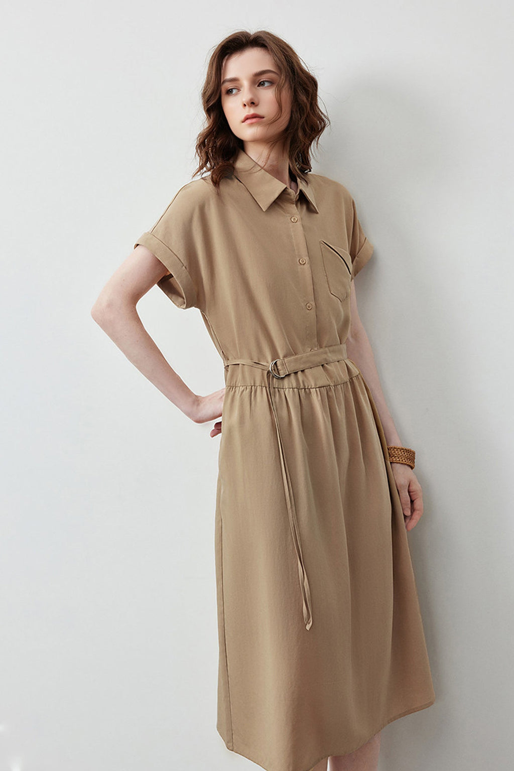 Olive Green Belted Shirt Dress in Cotton-Lyocell Blend