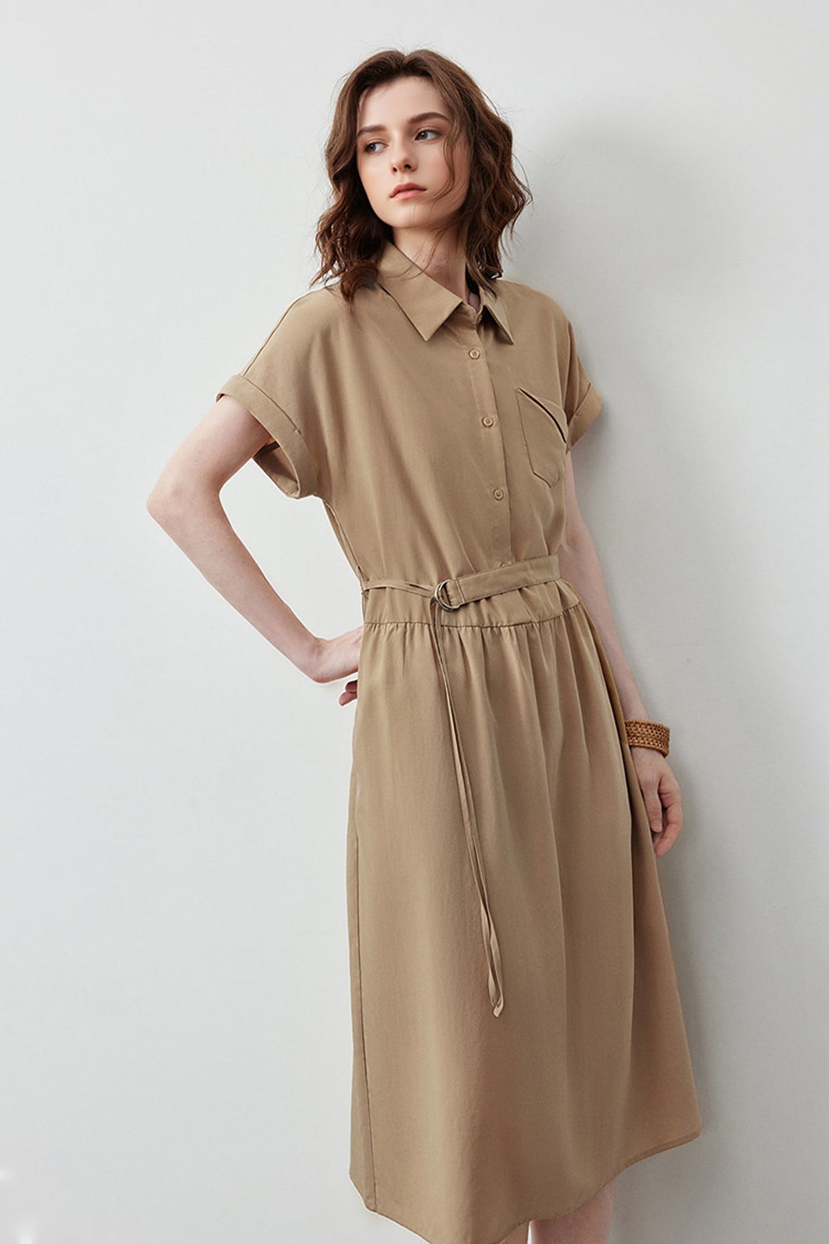 Olive Green Belted Shirt Dress in Cotton-Lyocell Blend
