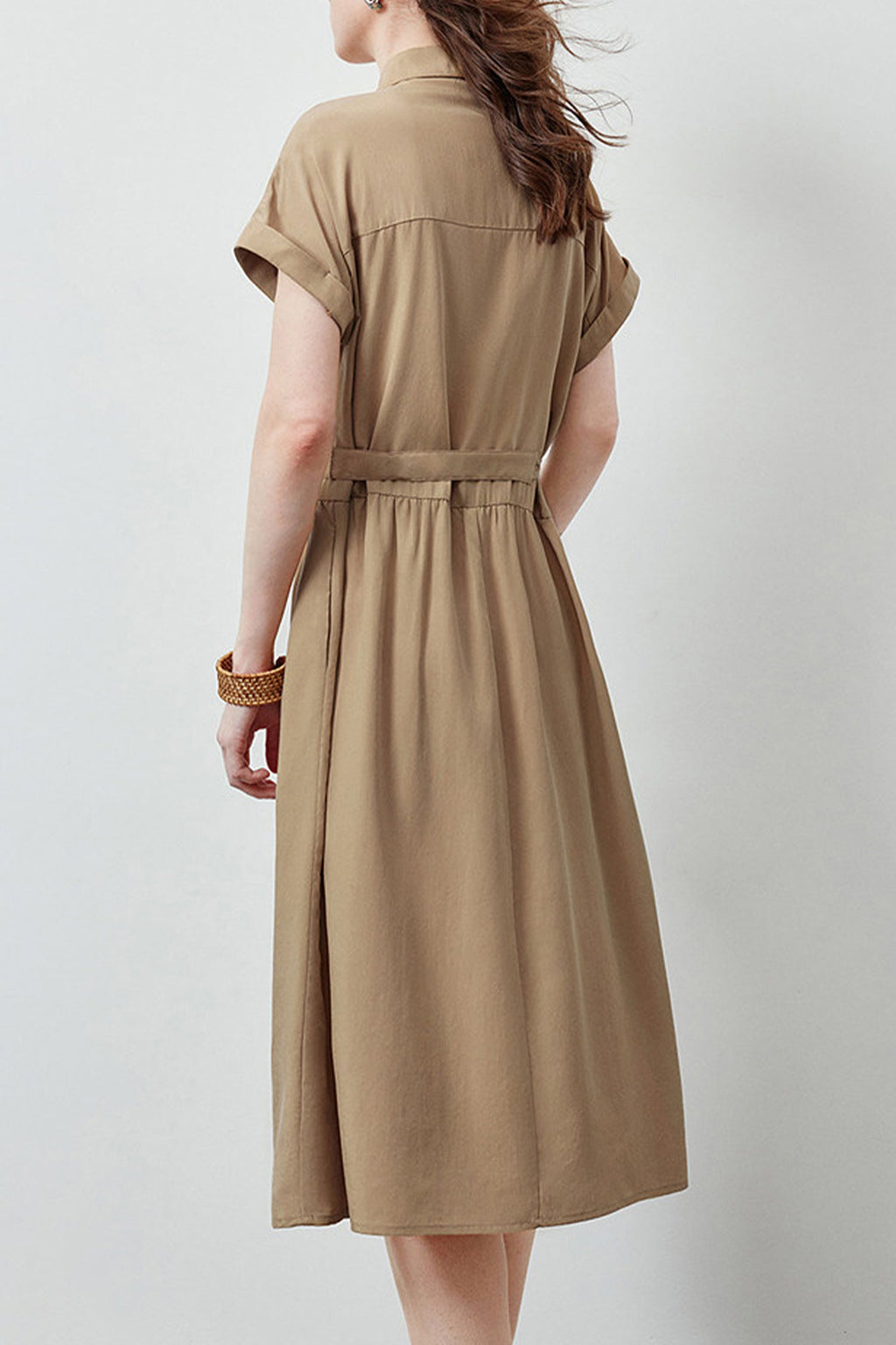 Olive Green Belted Shirt Dress in Cotton-Lyocell Blend