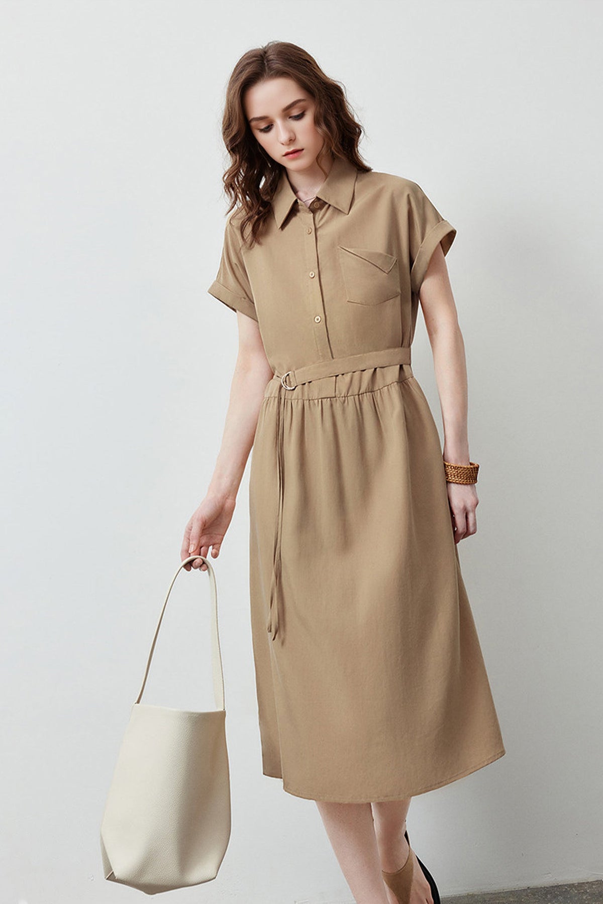 Olive Green Belted Shirt Dress in Cotton-Lyocell Blend