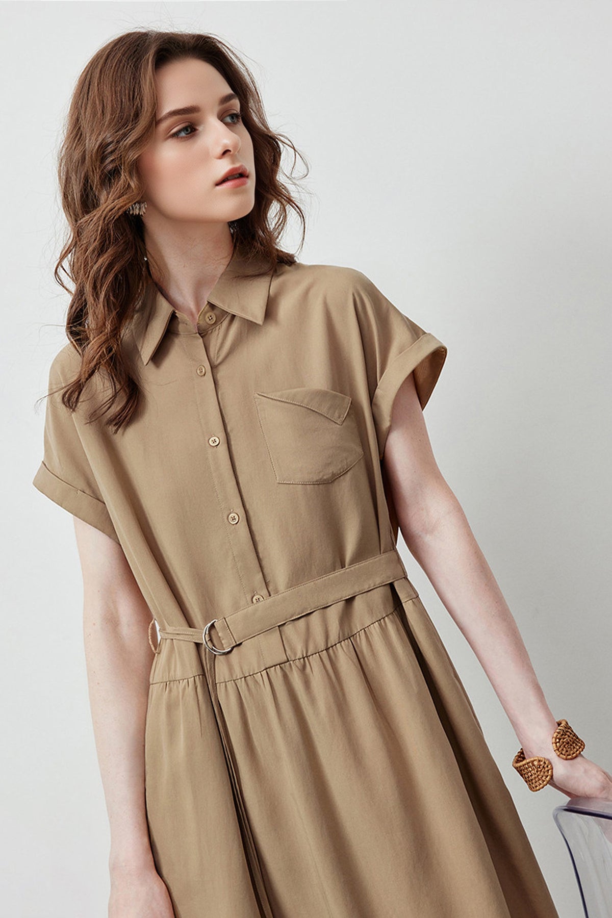 Olive Green Belted Shirt Dress in Cotton-Lyocell Blend