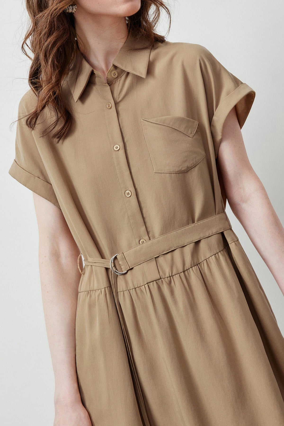 Olive Green Belted Shirt Dress in Cotton-Lyocell Blend