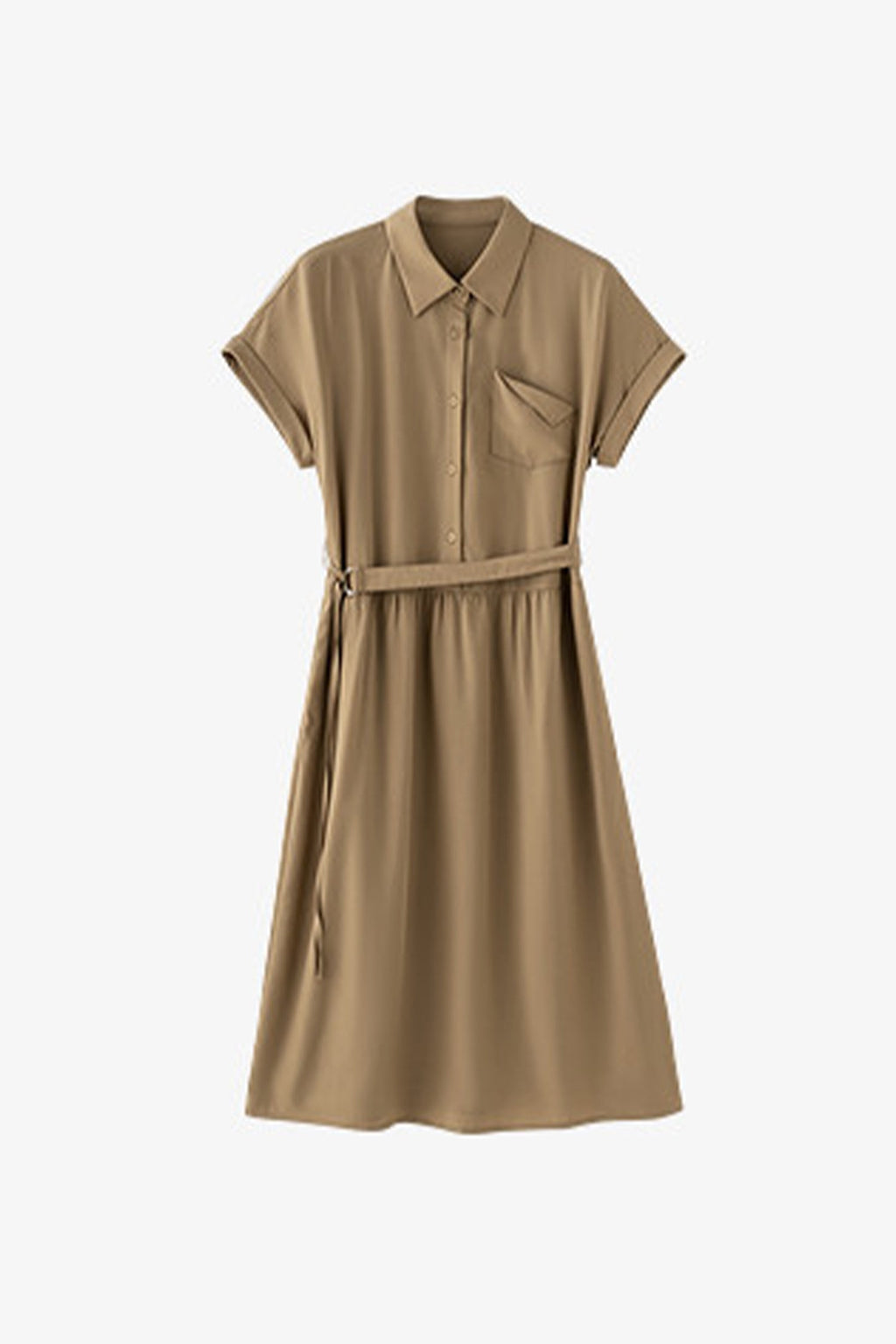 Olive Green Belted Shirt Dress in Cotton-Lyocell Blend