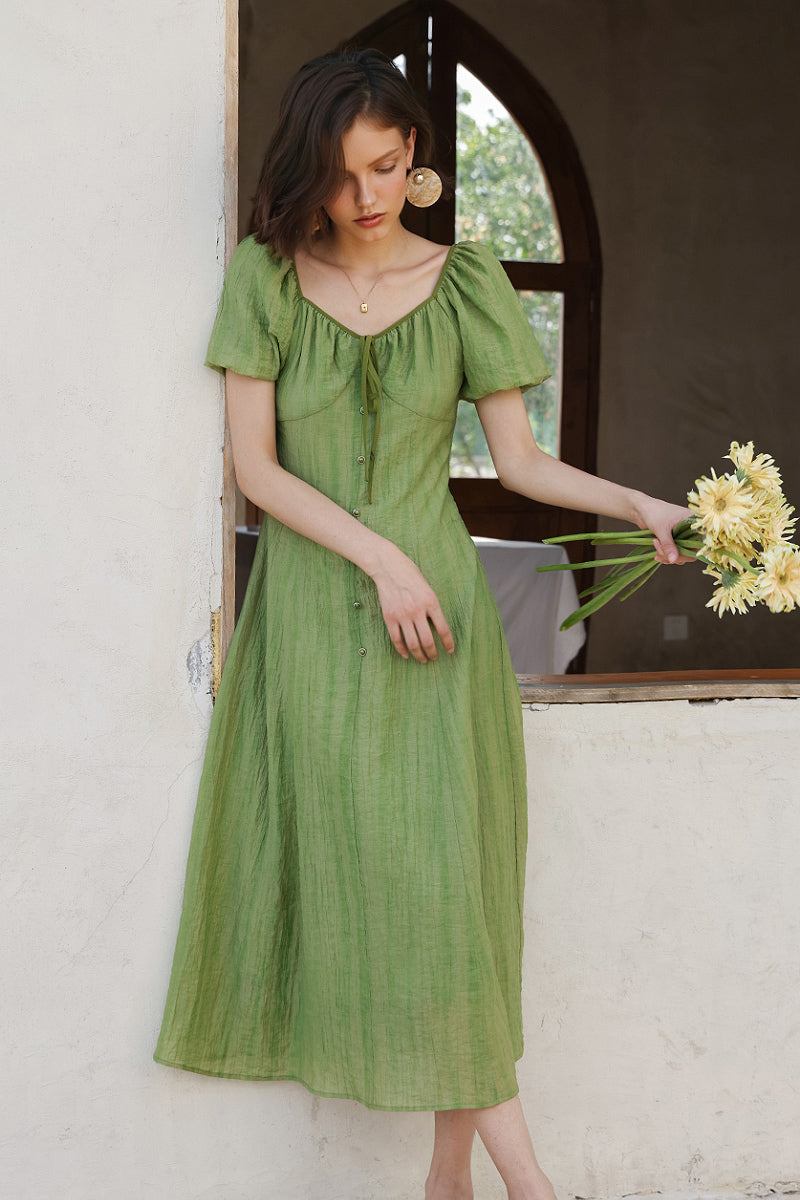 Olive Green Lyocell V-Neck Puff-Sleeve Midi Dress