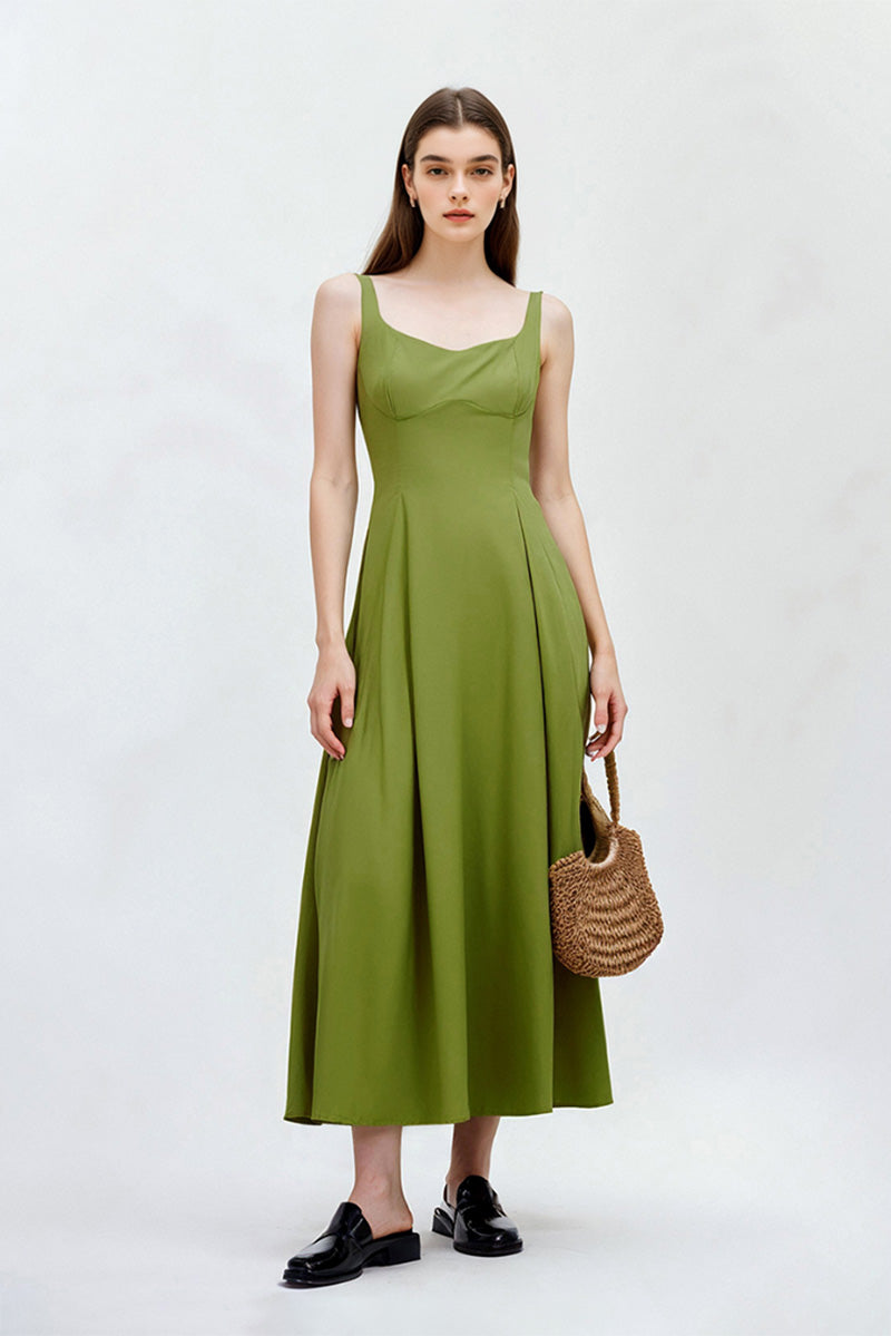 Olive Green Sleeveless Fit & Flare Midi Dress