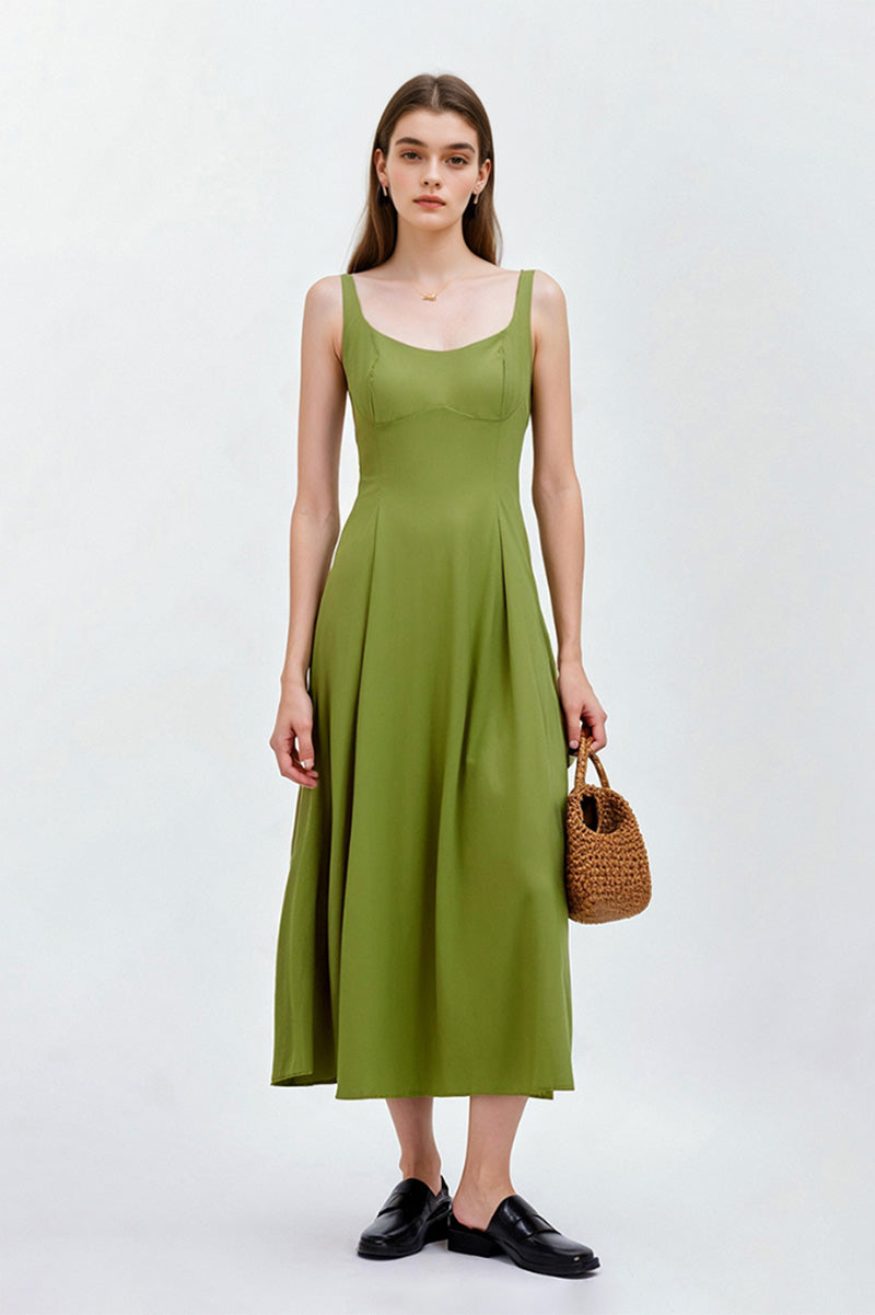 Olive Green Sleeveless Fit & Flare Midi Dress